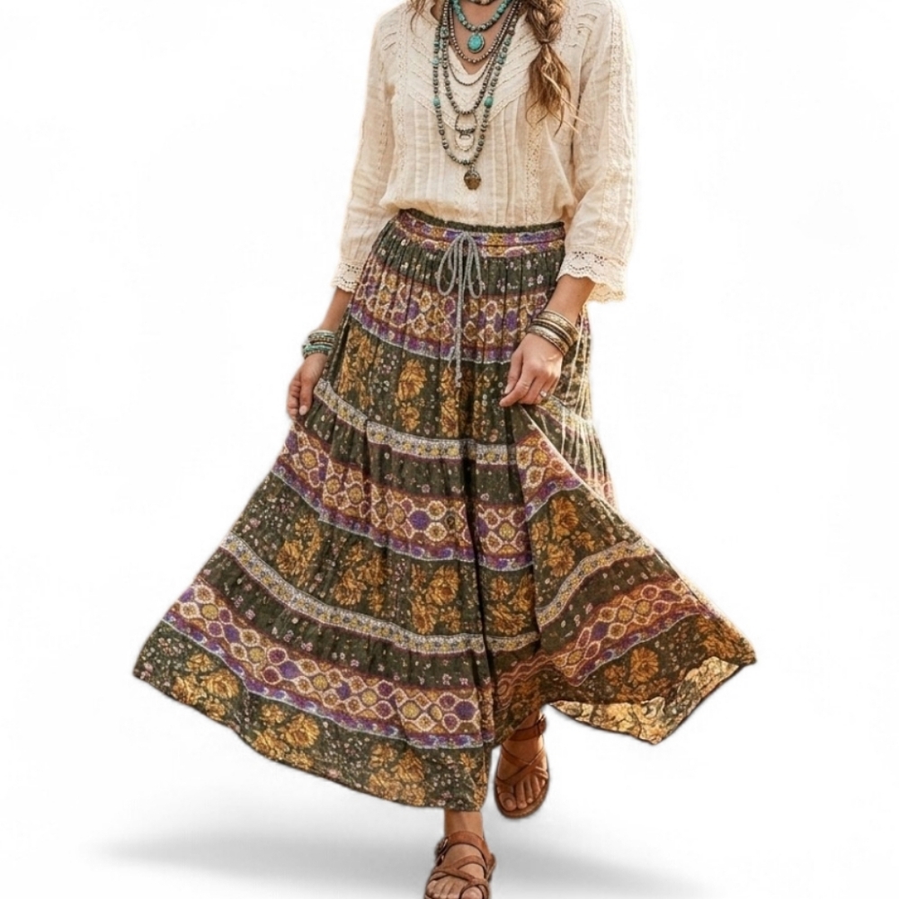 Vintage Short Circuit India Cotton Broomstick Skirt Bohemian Floral Midi Green